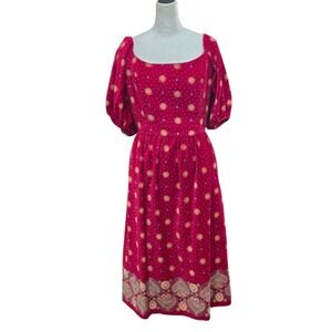 Vintage Victor Costa Velour Midi Dress‎ Women's 10 Red Floral Retro Cotton RARE